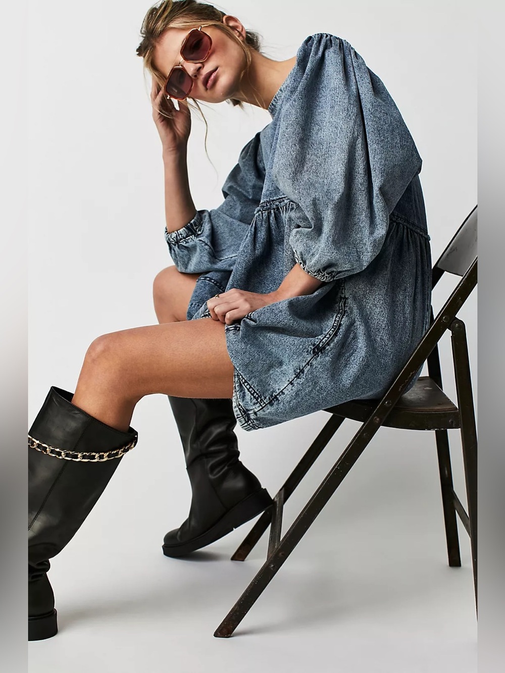 Free People Get Obsessed Babydoll  Denim Mini Dress - Medium